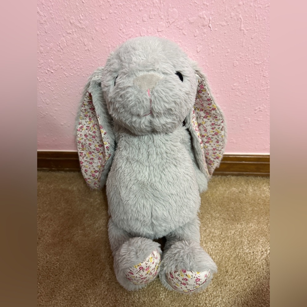 Kellytoy 16” Gray Bunny Rabbit Plush Lovey Rattle Crinkle Ears Floral Baby Toy